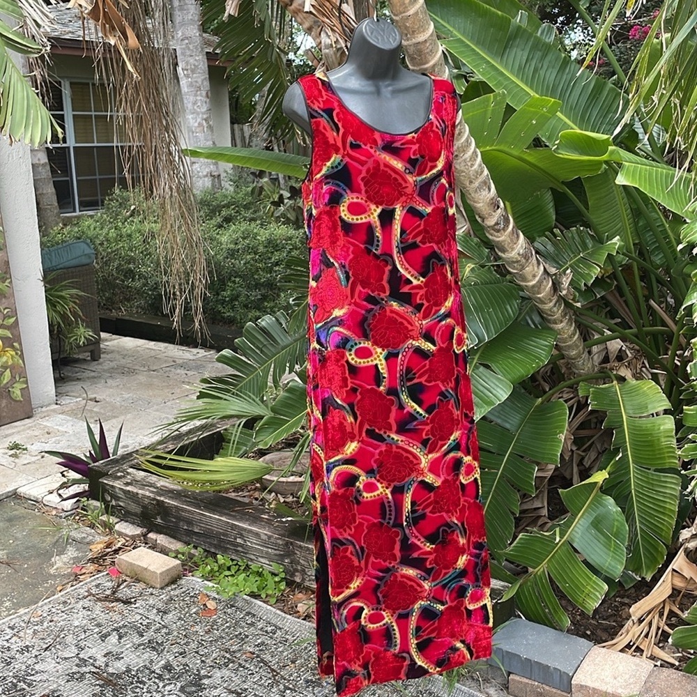 Aliki Yamani hand painted burn out silk velvet floral maxi dress